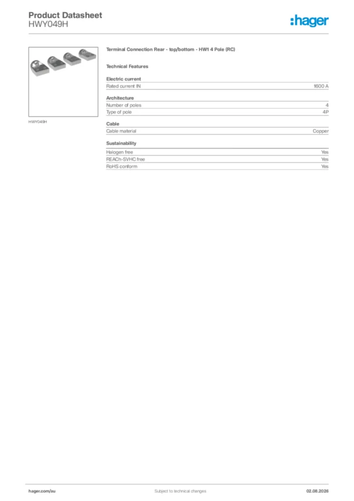 Image Hager Product data sheet HWY049H  | Hager Australia