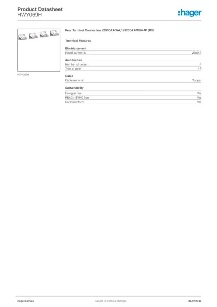 Image Hager Product data sheet HWY069H  | Hager Australia