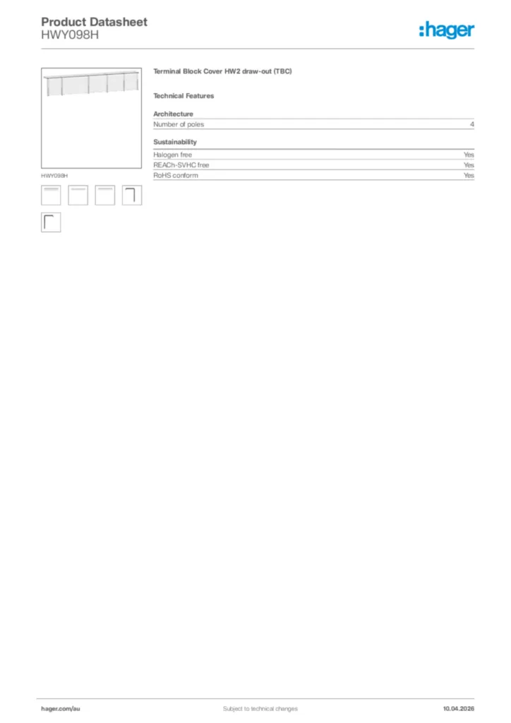 Image Hager Product data sheet HWY098H  | Hager Australia