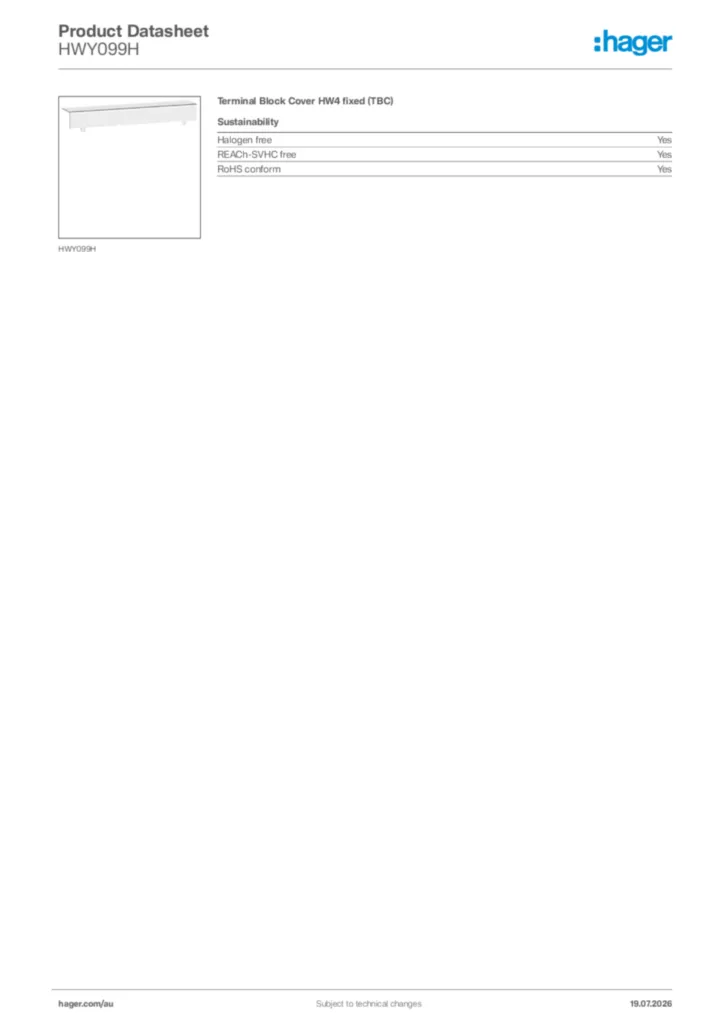 Image Hager Product data sheet HWY099H  | Hager Australia