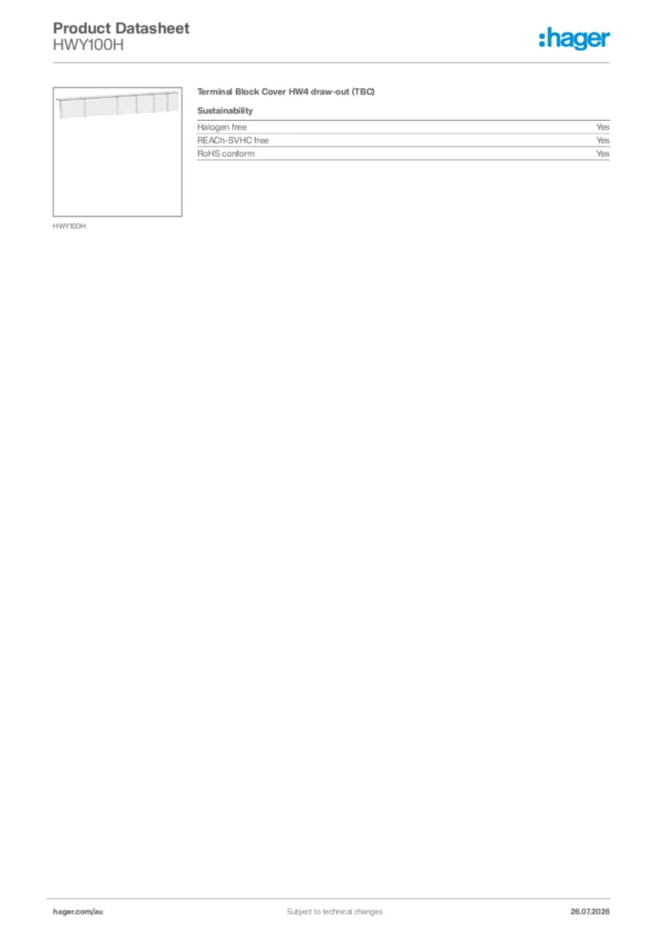 Image Hager Product data sheet HWY100H  | Hager Australia