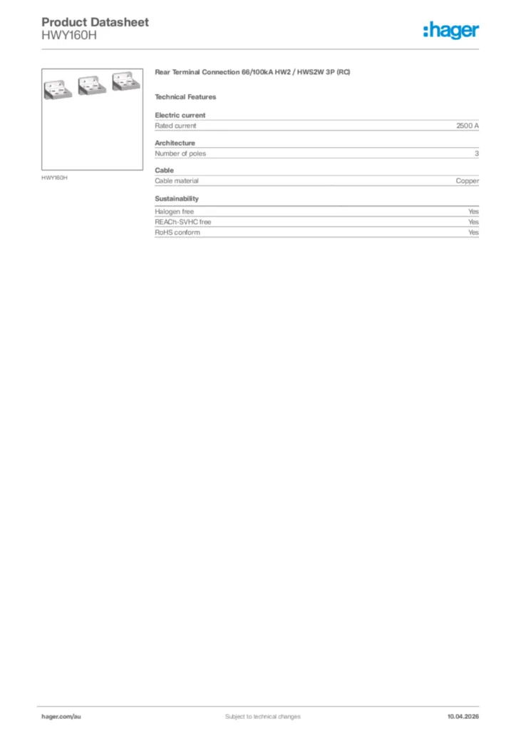 Image Hager Product data sheet HWY160H  | Hager Australia