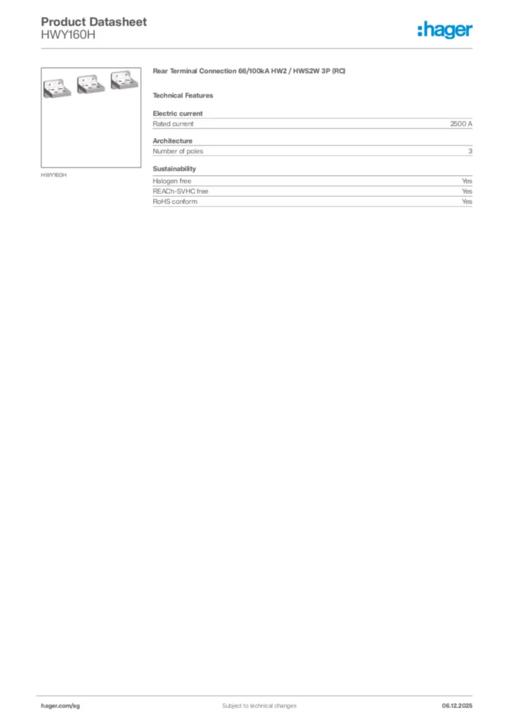 Image Hager Product data sheet HWY160H  | Hager