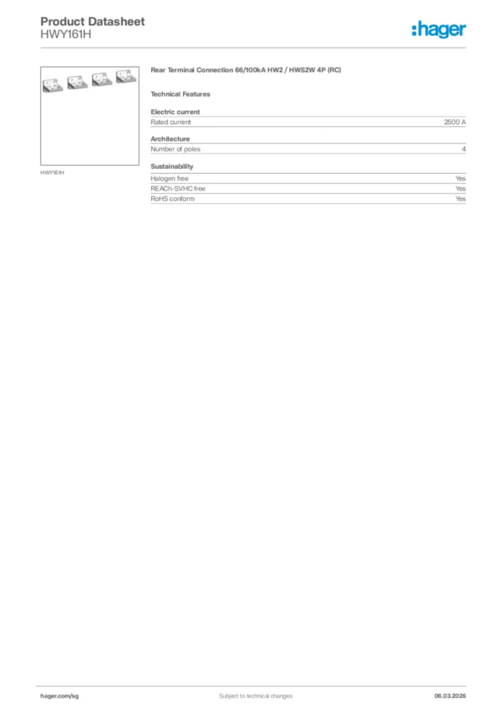 Image Hager Product data sheet HWY161H  | Hager