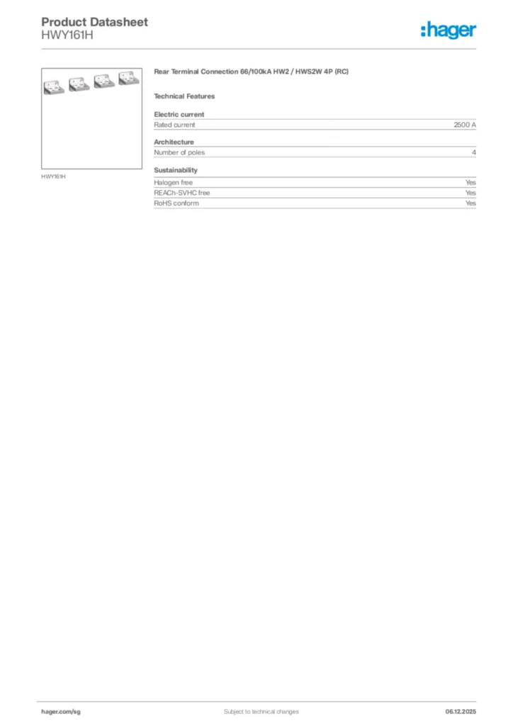 Image Hager Product data sheet HWY161H  | Hager