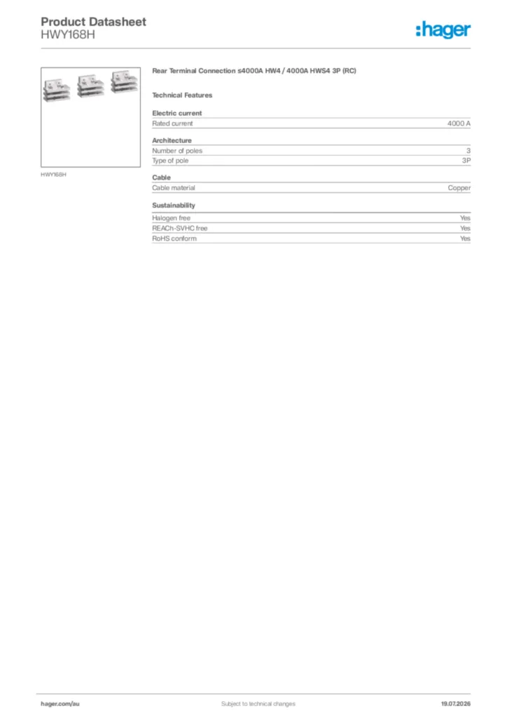 Image Hager Product data sheet HWY168H  | Hager Australia