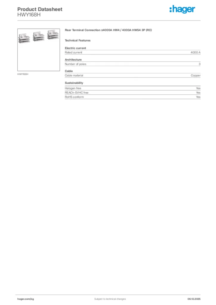 Image Hager Product data sheet HWY168H  | Hager