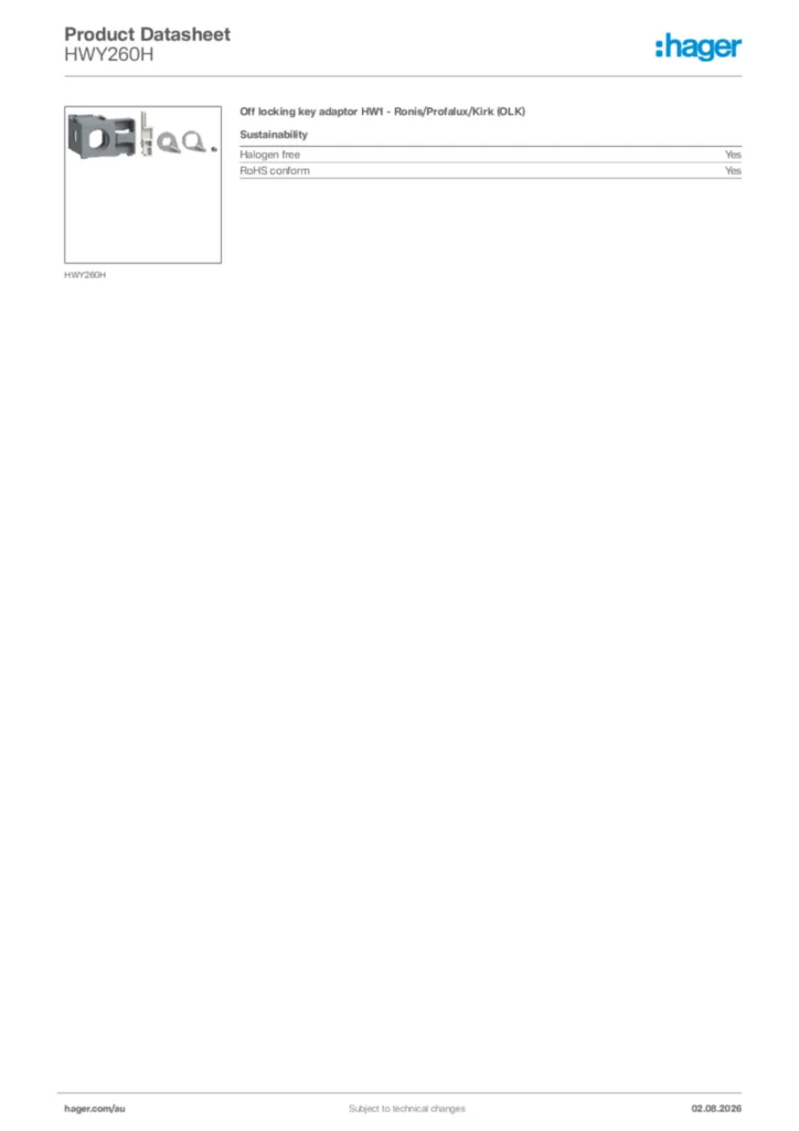 Image Hager Product data sheet HWY260H  | Hager Australia