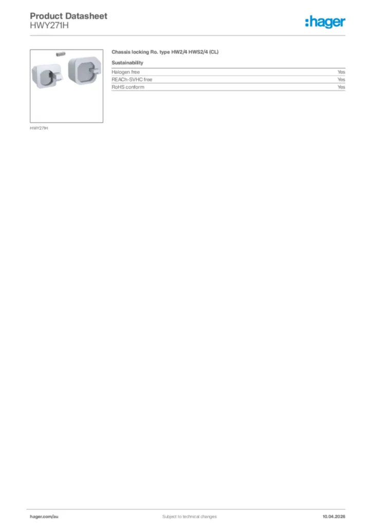 Image Hager Product data sheet HWY271H  | Hager Australia