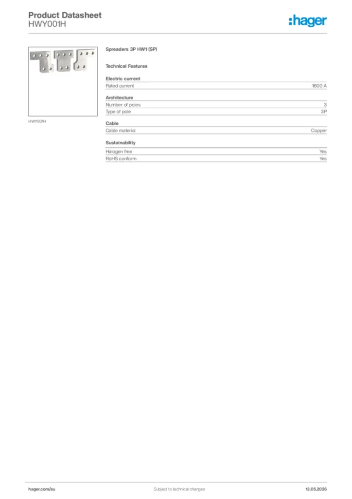 Image Hager Product data sheet HWY001H  | Hager Australia
