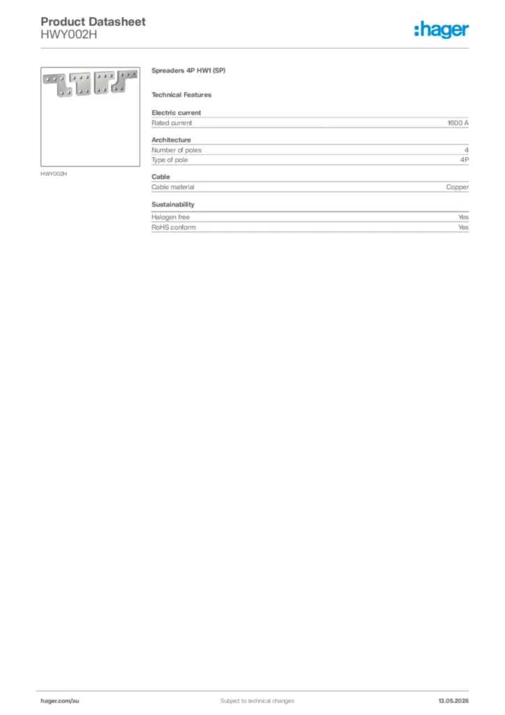 Image Hager Product data sheet HWY002H  | Hager Australia