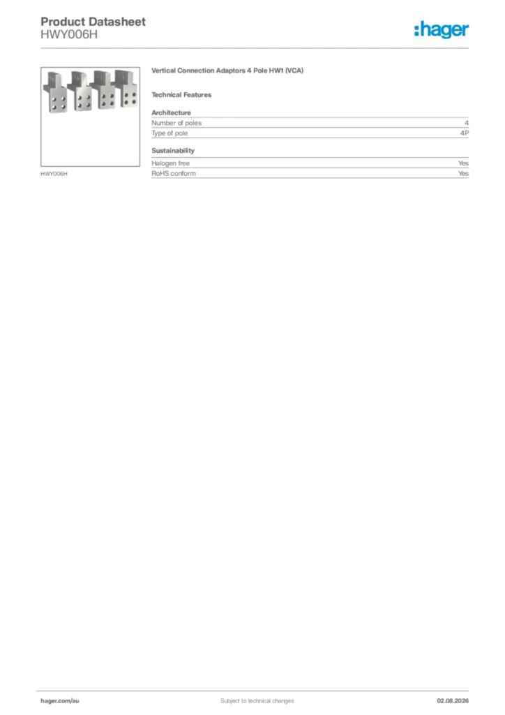 Image Hager Product data sheet HWY006H  | Hager Australia