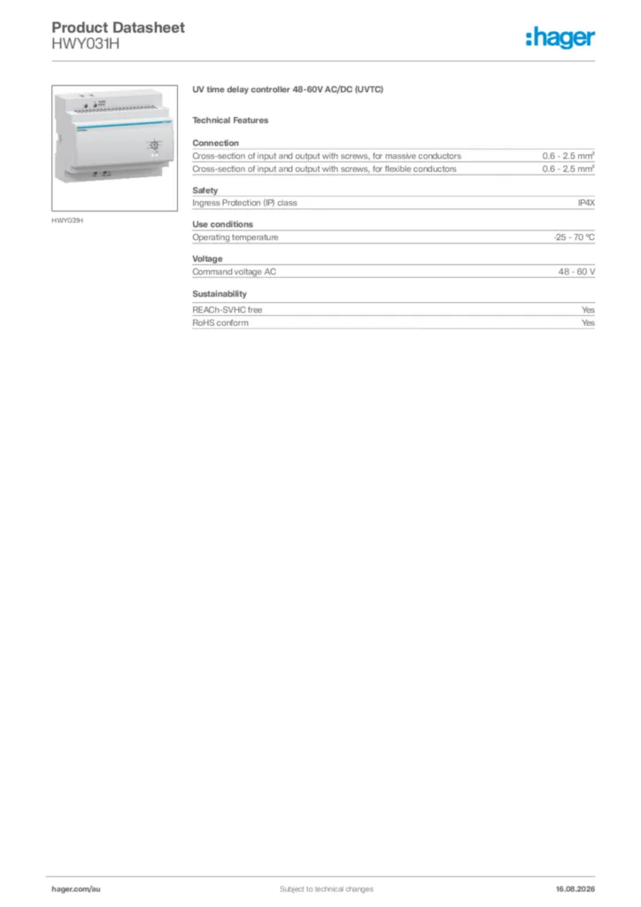 Image Hager Product data sheet HWY031H  | Hager Australia