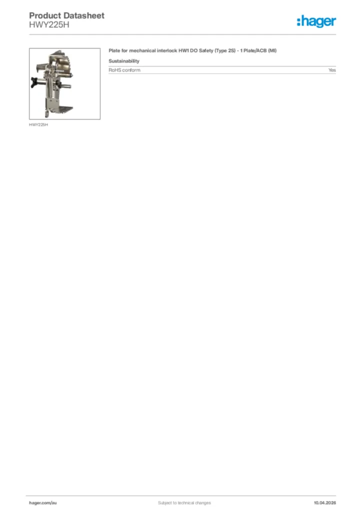 Image Hager Product data sheet HWY225H  | Hager Australia