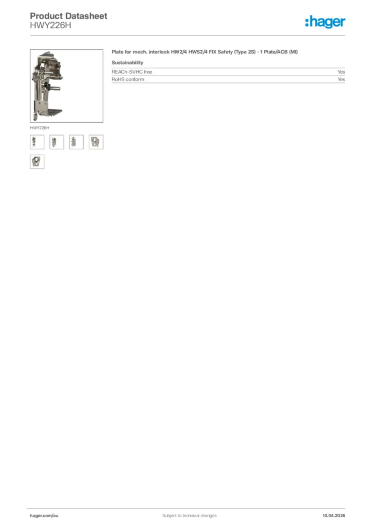 Image Hager Product data sheet HWY226H  | Hager Australia