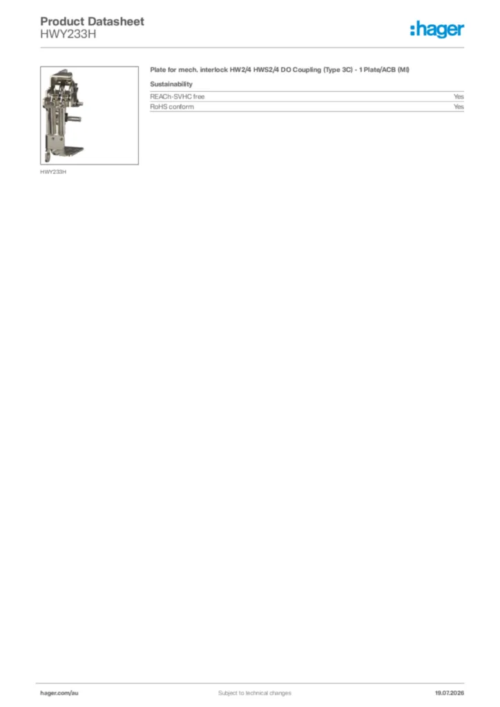 Image Hager Product data sheet HWY233H  | Hager Australia