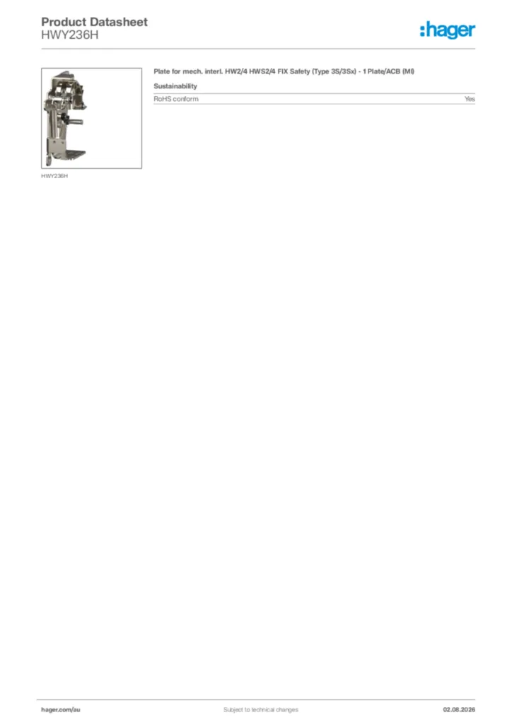 Image Hager Product data sheet HWY236H  | Hager Australia