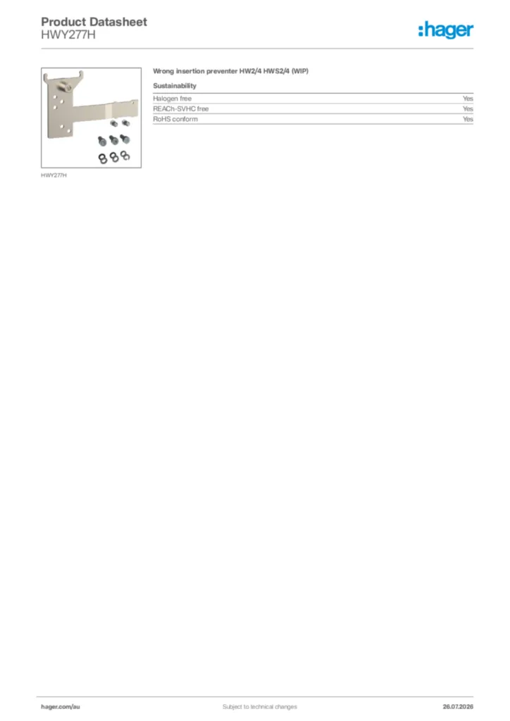 Image Hager Product data sheet HWY277H  | Hager Australia