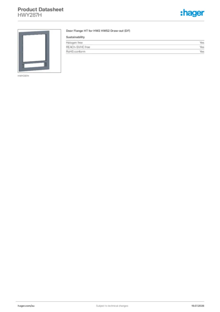 Image Hager Product data sheet HWY287H  | Hager Australia