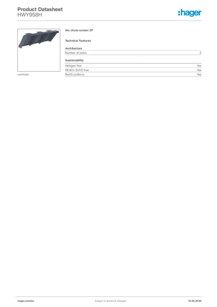 Image Hager Product data sheet HWY958H  | Hager Australia