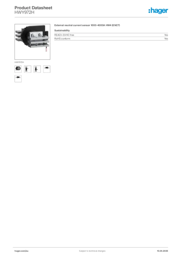 Image Hager Product data sheet HWY972H  | Hager Australia