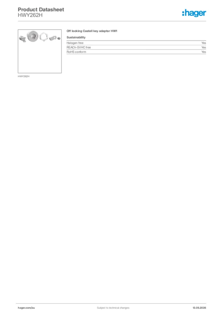 Image Hager Product data sheet HWY262H  | Hager Australia