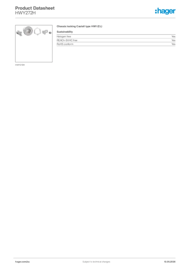 Image Hager Product data sheet HWY272H  | Hager Australia