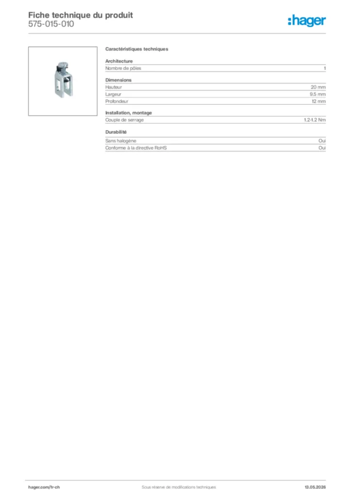 Image Hager Fiche technique du produit 575-015-010 | Hager Suisse