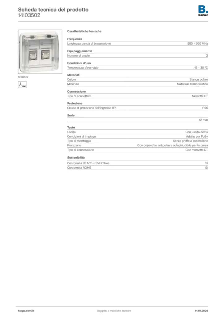Immagine Berker Scheda tecnica del prodotto 14103502 | Hager Italia