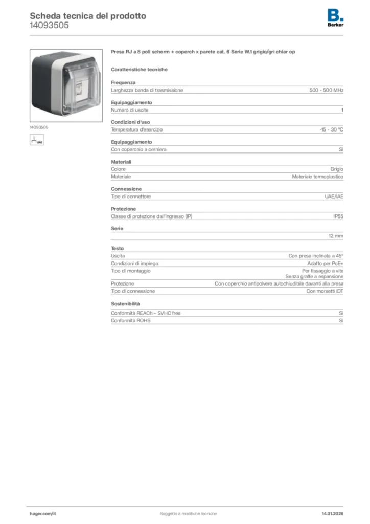 Immagine Berker Scheda tecnica del prodotto 14093505 | Hager Italia