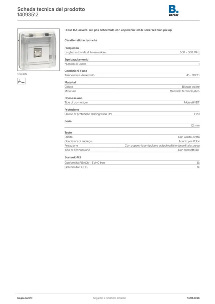 Immagine Berker Scheda tecnica del prodotto 14093512 | Hager Italia