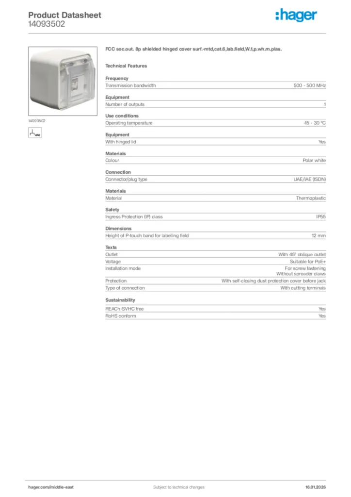 Image Hager Product data sheet 14093502  | Hager