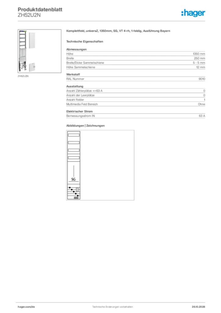 Bild Hager Produktdatenblatt ZH52U2N | Hager Deutschland