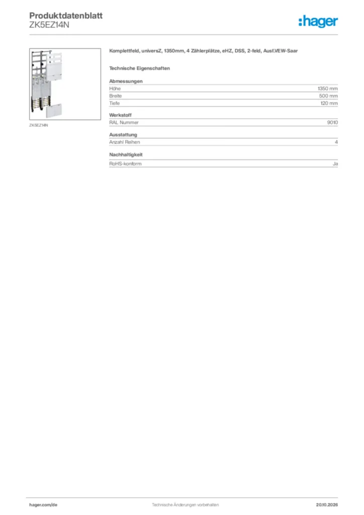 Bild Hager Produktdatenblatt ZK5EZ14N | Hager Deutschland