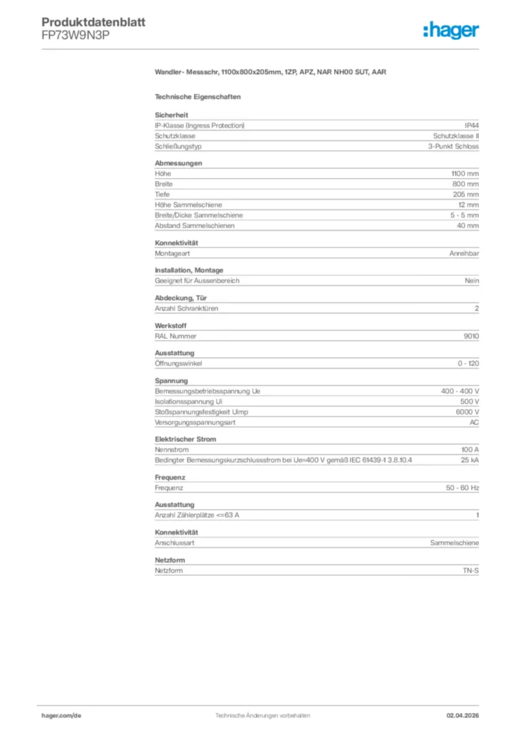 Bild Hager Produktdatenblatt FP73W9N3P | Hager Deutschland