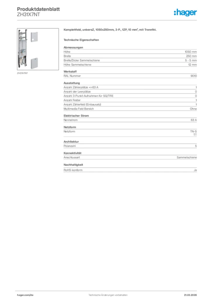 Bild Hager Produktdatenblatt ZH31X7NT | Hager Deutschland