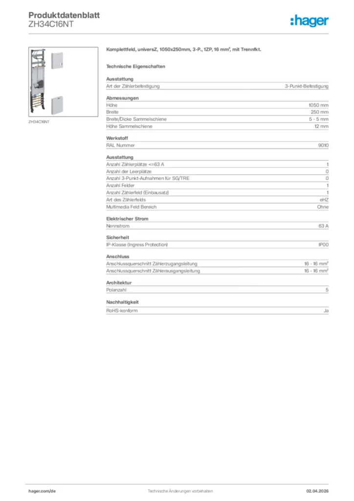 Bild Hager Produktdatenblatt ZH34C16NT | Hager Deutschland