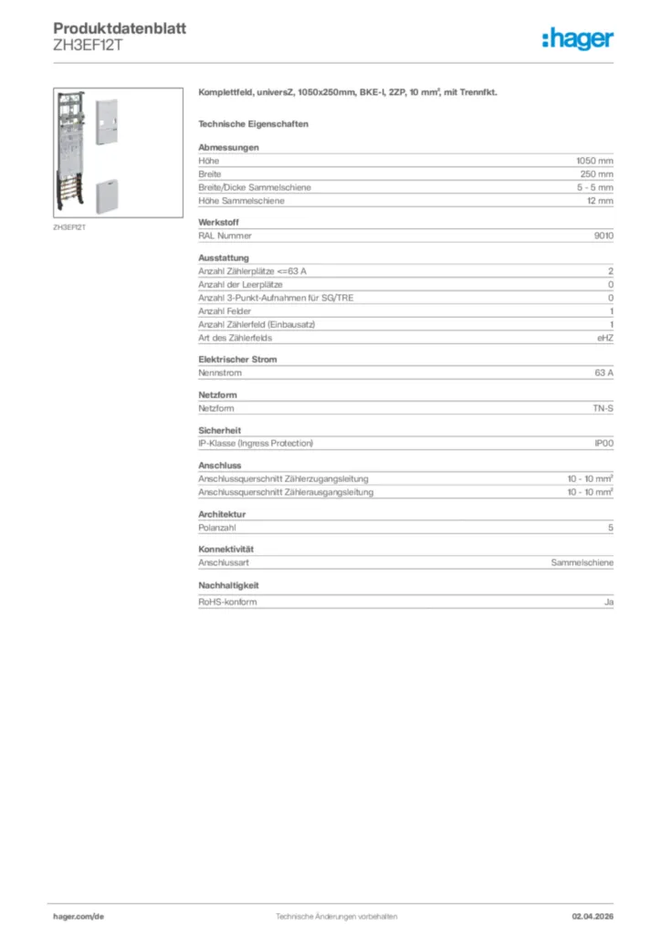 Bild Hager Produktdatenblatt ZH3EF12T | Hager Deutschland