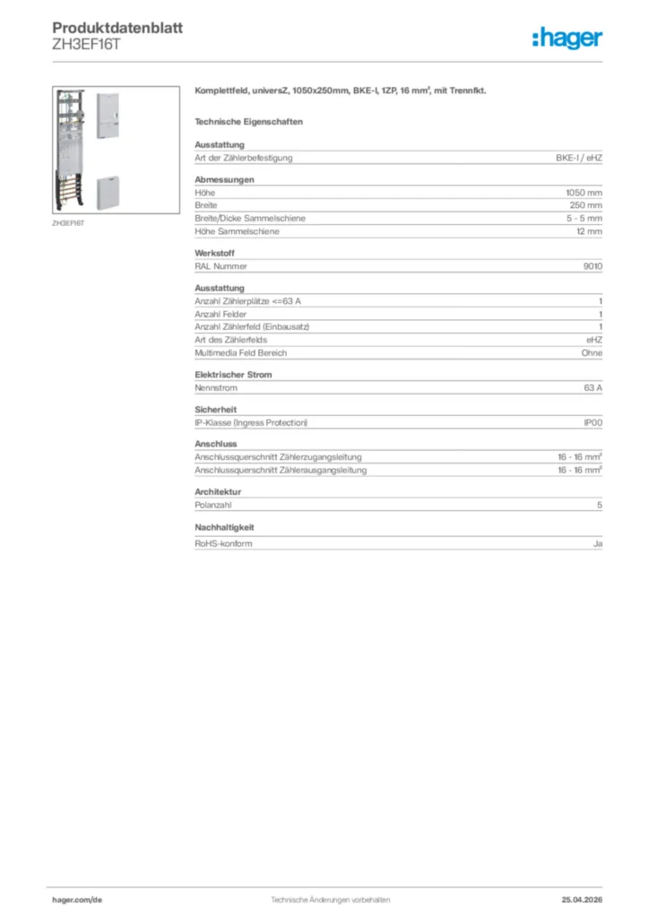 Bild Hager Produktdatenblatt ZH3EF16T | Hager Deutschland
