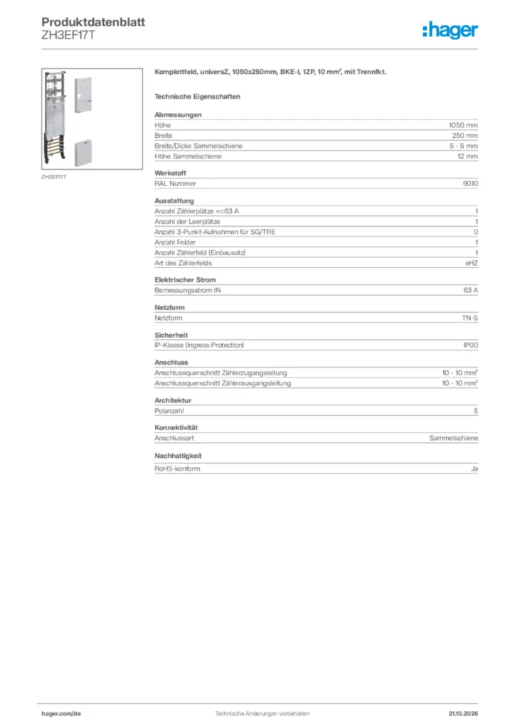 Bild Hager Produktdatenblatt ZH3EF17T | Hager Deutschland