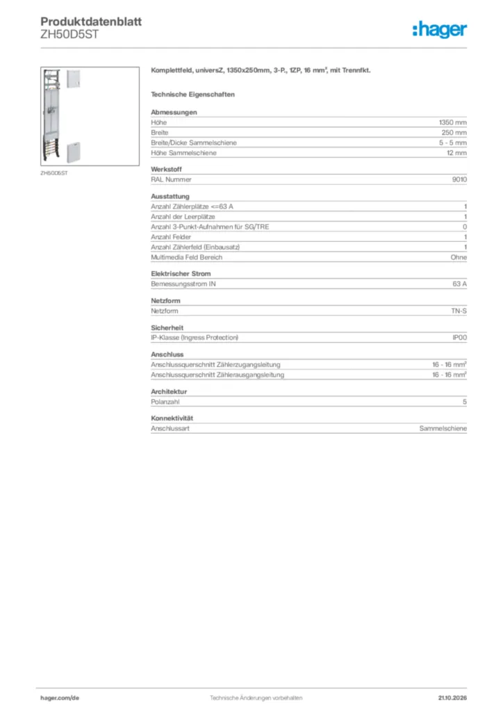 Bild Hager Produktdatenblatt ZH50D5ST | Hager Deutschland