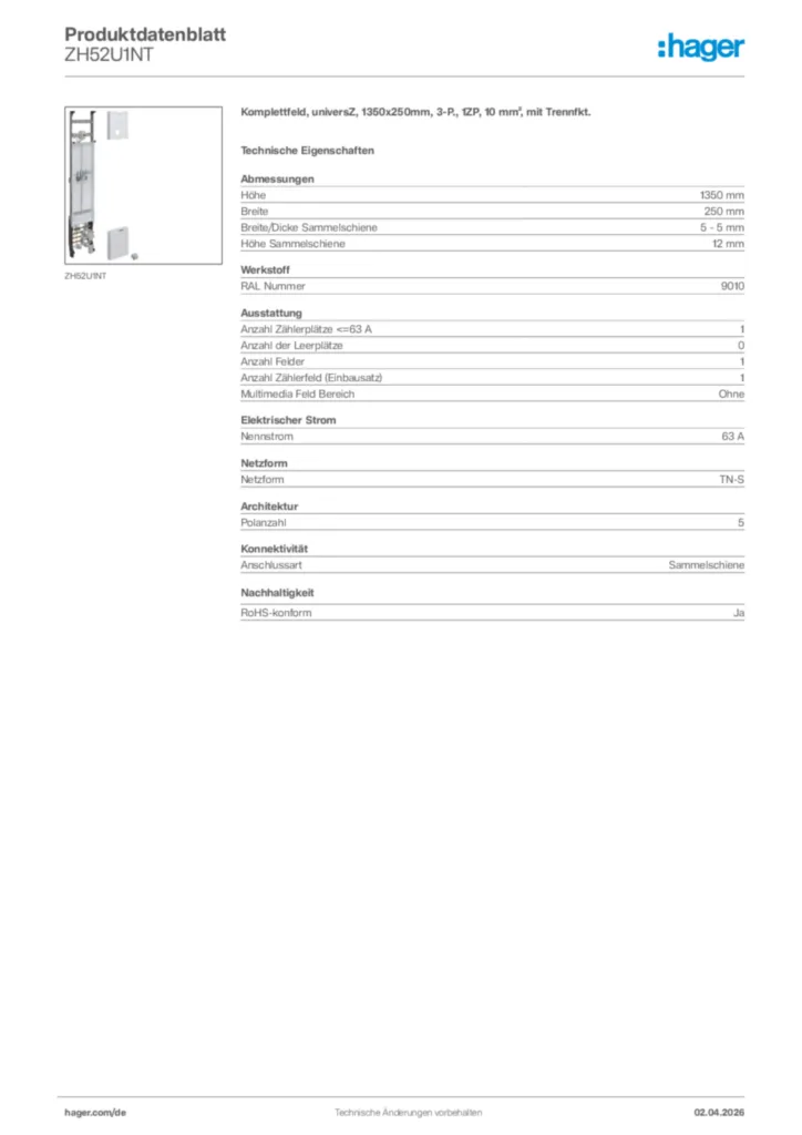 Bild Hager Produktdatenblatt ZH52U1NT | Hager Deutschland