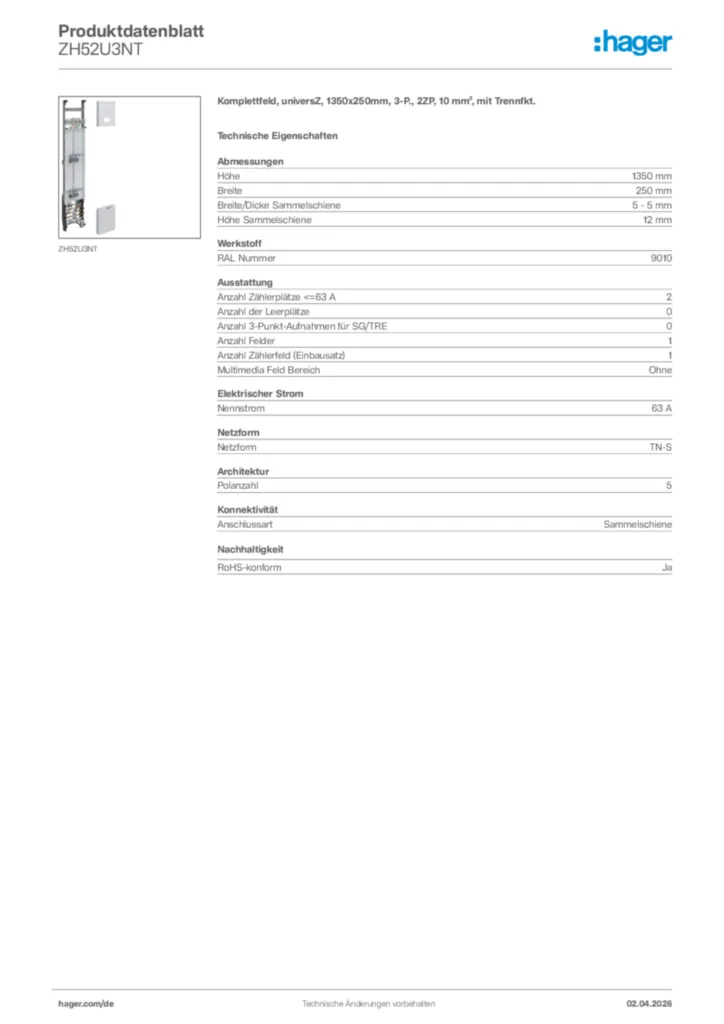 Bild Hager Produktdatenblatt ZH52U3NT | Hager Deutschland