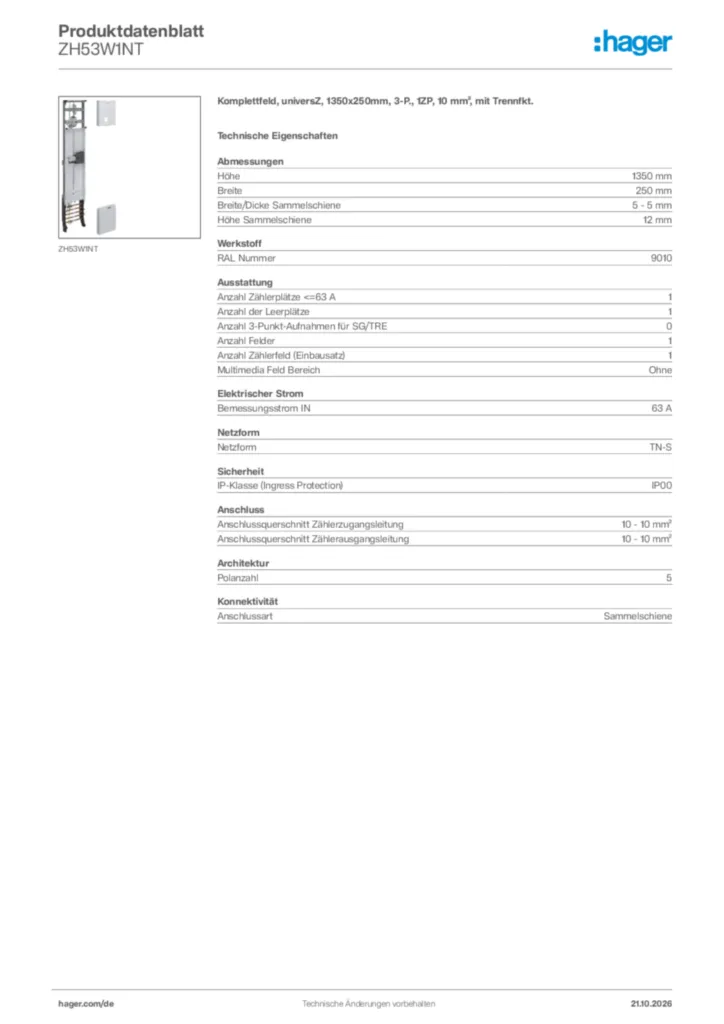 Bild Hager Produktdatenblatt ZH53W1NT | Hager Deutschland