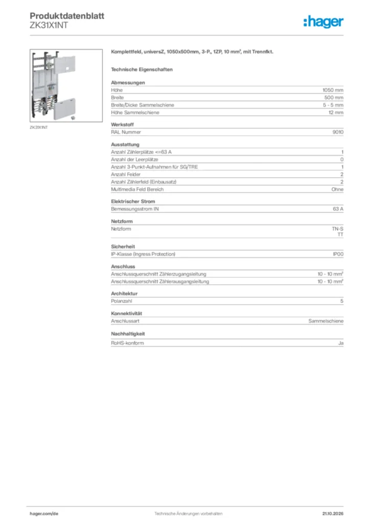 Bild Hager Produktdatenblatt ZK31X1NT | Hager Deutschland