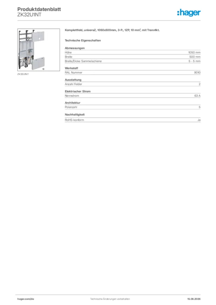 Bild Hager Produktdatenblatt ZK32U1NT | Hager Deutschland