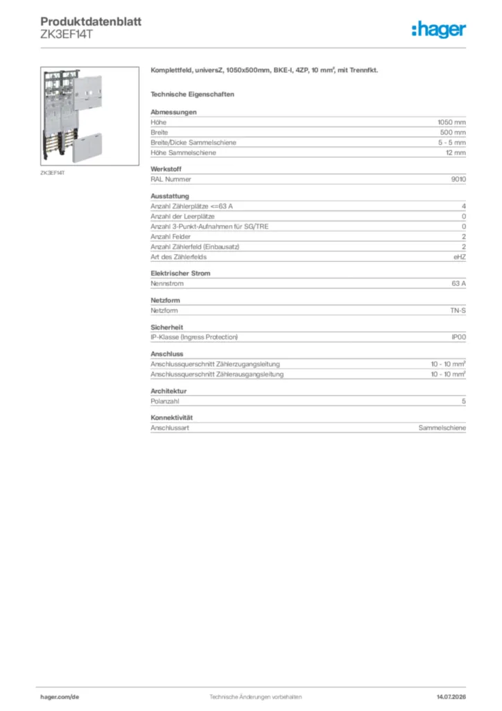 Bild Hager Produktdatenblatt ZK3EF14T | Hager Deutschland