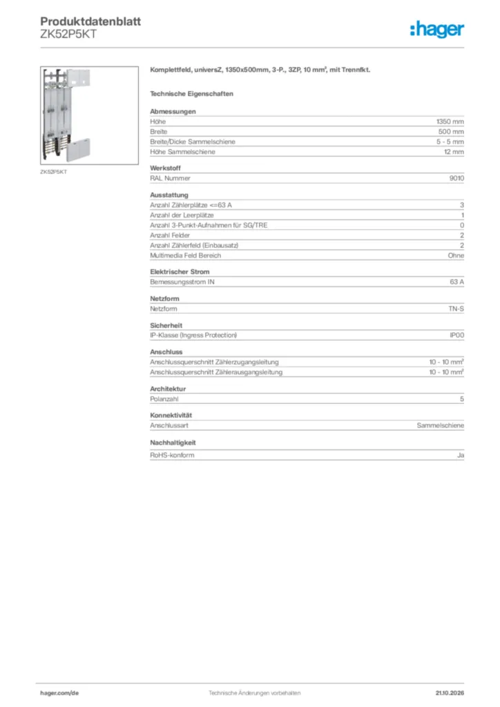 Bild Hager Produktdatenblatt ZK52P5KT | Hager Deutschland