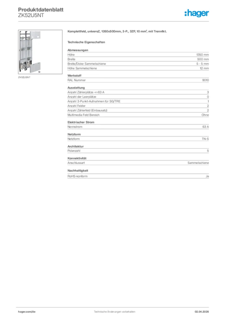 Bild Hager Produktdatenblatt ZK52U5NT | Hager Deutschland