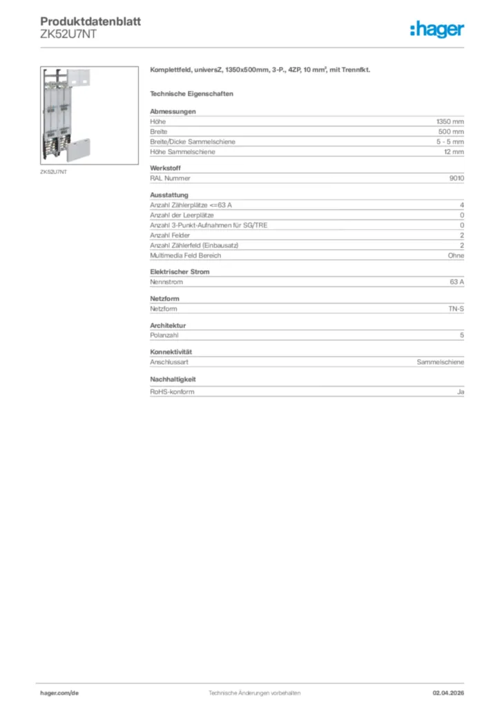 Bild Hager Produktdatenblatt ZK52U7NT | Hager Deutschland